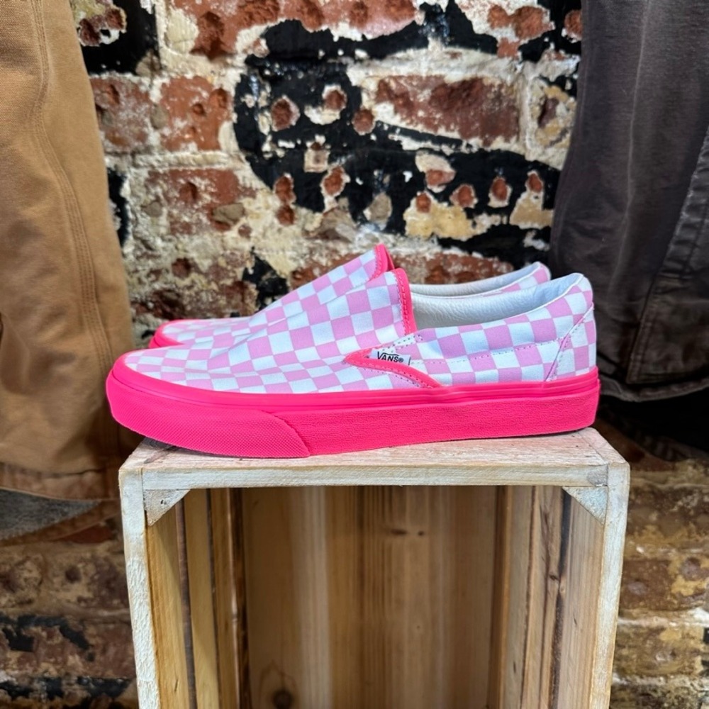 Vans Customs Slip-On Pink White Checkerboard Wide Sneakers Womens 8.5 Mens 7